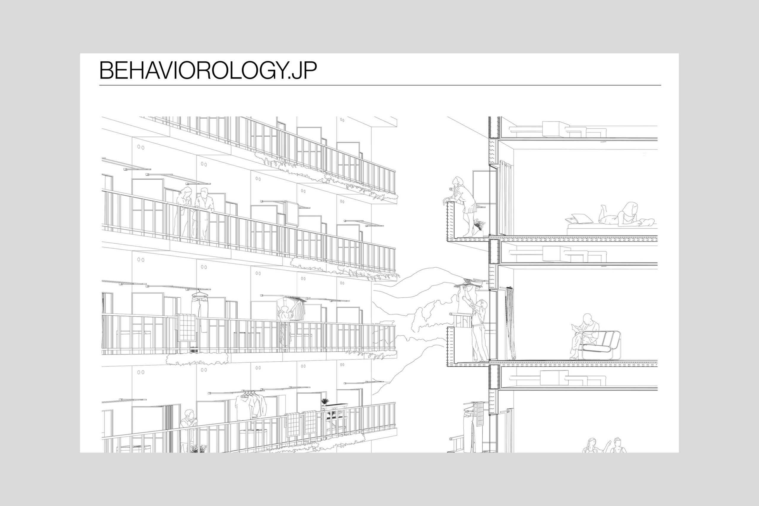 Behaviorology web layout showine a s/w linear illustration of a balcony